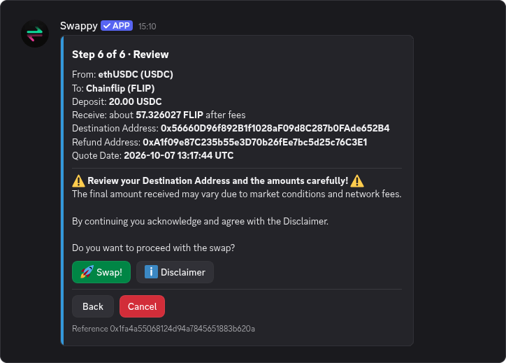 Review the Quote Price & Swap Details