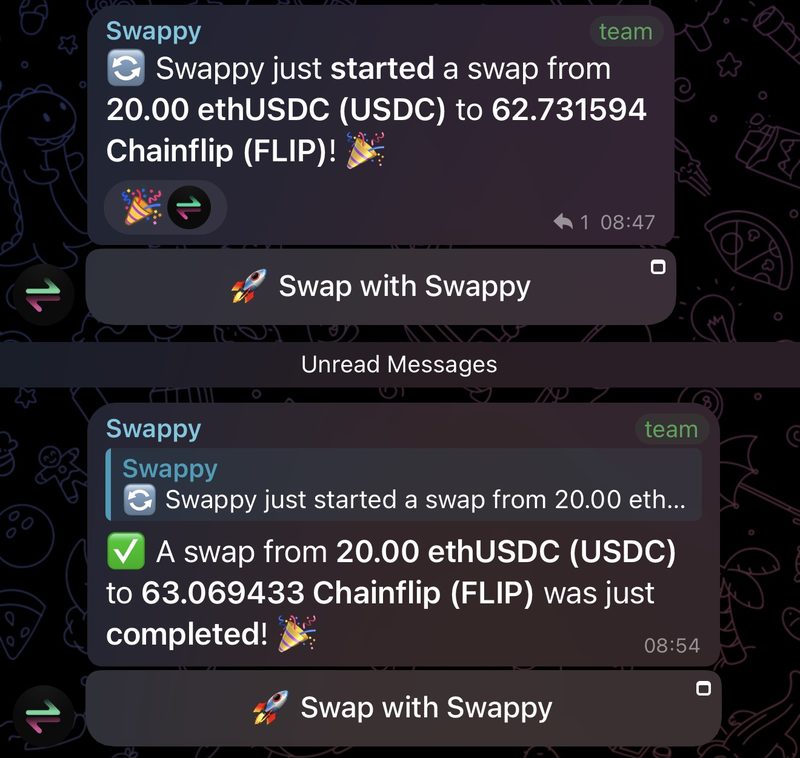 A swap announcement and its completion reply in the Swappy Telegram group