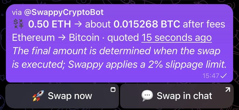 A shared live quote with Swap now and Swap in chat buttons