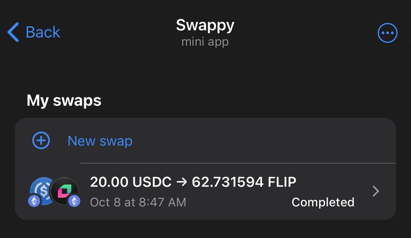 My swaps in the Mini App with a completed swap